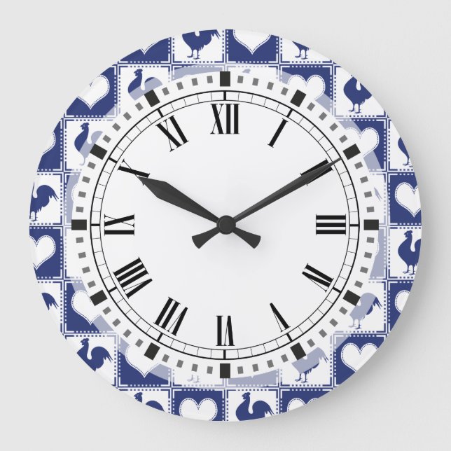 Grande Horloge Ronde Pays de Rooster and Hearts Blue and White Farm (Recto)