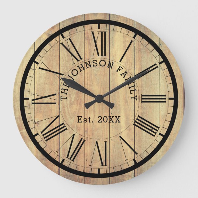 Grande Horloge Ronde Pays Famly Name & Est. | Bois clair rustique (Recto)