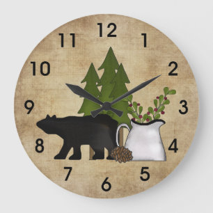 Grande Horloge Ronde Pays rustique Silhouette Ours et Arbres Montagne