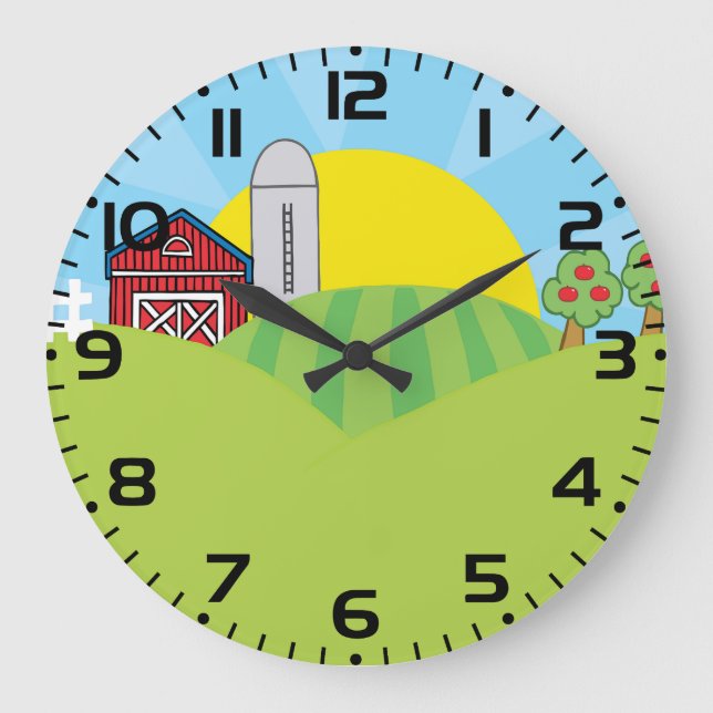 Grande Horloge Ronde Paysage agricole Grange rouge Silo Pommiers (Recto)