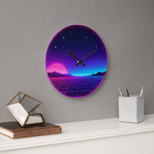 Grande Horloge Ronde Paysage de Synthwave des Années 80 avec Cercle Géo