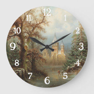 Grande Horloge Ronde Paysage d'hiver romantique avec patineurs de glace