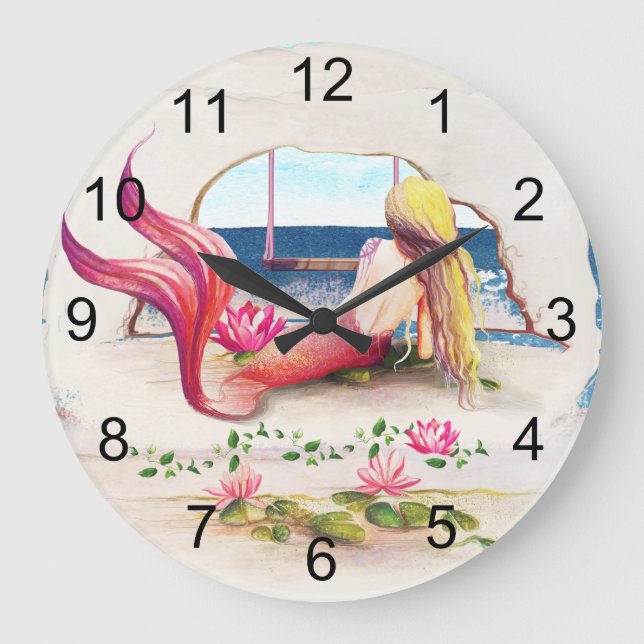 Grande Horloge Ronde Paysage marin à l'aquarelle Mermaid Océan (Recto)