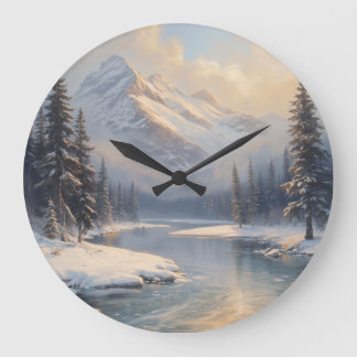 Grande Horloge Ronde Paysage montagneux hivernal rustique peinture à l'