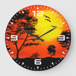 Grande Horloge Ronde Paysage naturel Arbres couchés de soleil Silhouett