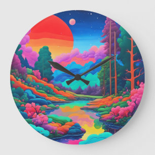 Grande Horloge Ronde Paysage psychédélique art vert rose