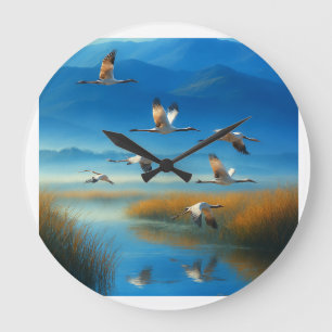 Grande Horloge Ronde Paysage serein de lac avec des grues en vol