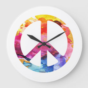 Grande Horloge Ronde Peace Sign Hippie Girl 70s Watercolor Art