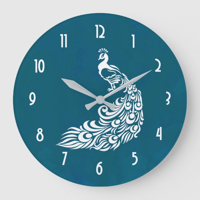 Grande Horloge Ronde Peacock blanc sur Turquoise Bold Design Art déco é (Recto)