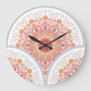 Grande Horloge Ronde Peacock Feathers, Floral Round Ornament.