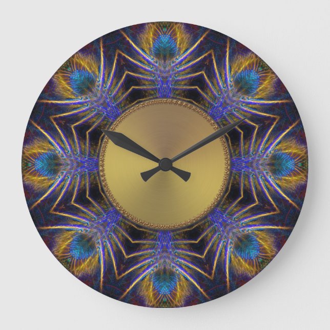 Grande Horloge Ronde Peacock Fractal Web Feathers Wall Clock (Recto)