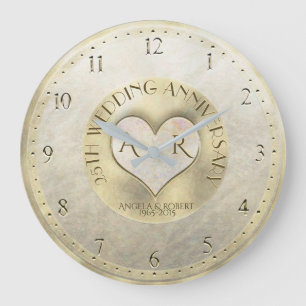 Grande Horloge Ronde Pearl Gold Heart Monogramme Mariage Anniversaire