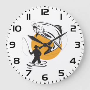 Grande Horloge Ronde Pêche à la mouche Truite Coucher de soleil Silhoue