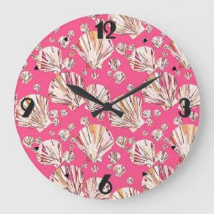 Grande Horloge Ronde Pêche, coquillages roses, arrière - plan corail ro