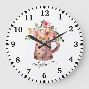 Grande Horloge Ronde Pêche rustique et aquarelle mauve Florale
