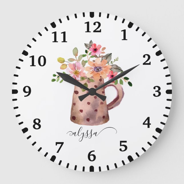 Grande Horloge Ronde Pêche rustique et aquarelle mauve Florale (Recto)
