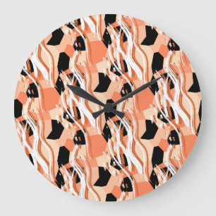Grande Horloge Ronde Pêcher noir blanc Motif Abstrait.
