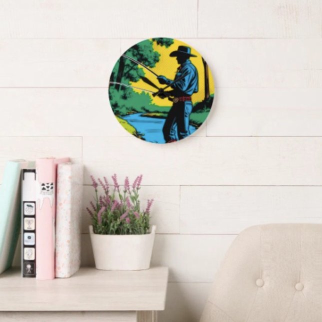 Grande Horloge Ronde Pêcheur sur la rive (Cowboy Fisherman backside hanging slot  non-ticking design. 2 sizes: 8" diameter or 10.75" diameter.)