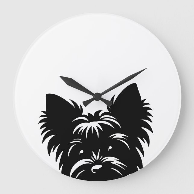 Grande Horloge Ronde Peeking Yorkie Black and White Wall Clock (Recto)