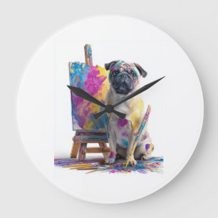 Grande Horloge Ronde Peintre Pug � Chien d'art abstrait