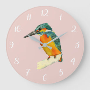 Grande Horloge Ronde Peinture à l'aquarelle Kingfisher Bird