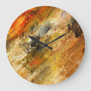 Grande Horloge Ronde peinture abstraite métal orange noir rouge 