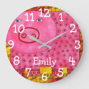 Grande Horloge Ronde Peinture Aquarelle Personnalisée au Nom du Cochon