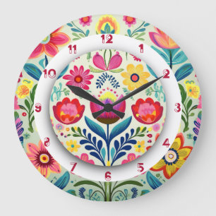 Grande Horloge Ronde Peinture bohème florale colorée à deux couronnes