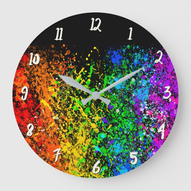 Grande Horloge Ronde Peinture couleur arc-en-ciel noir éclaboussure col (Recto)