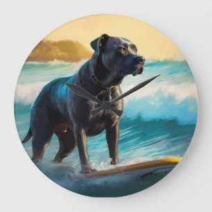 Grande Horloge Ronde Peinture de Cane Corso faisant du surf sur la plag