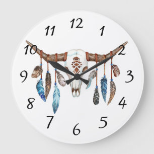Grande Horloge Ronde Peinture de crâne de Taureau de Natif américain
