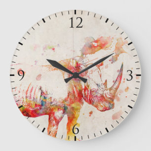 Grande Horloge Ronde Peinture de Digitals de rhinocéros d'aquarelle