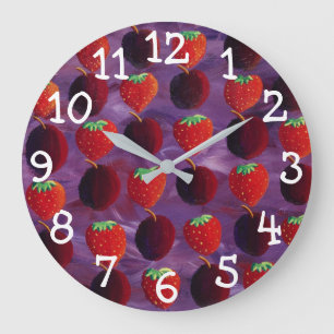 Grande Horloge Ronde Peinture de fruits rouges de fraises et de prunes