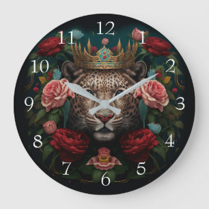 Grande Horloge Ronde Peinture de Jaguar avec Couronne de Fleurs        