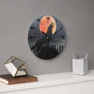 Grande Horloge Ronde Peinture de silhouette de loup par Alfred Fox