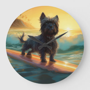 Grande Horloge Ronde Peinture de surf sur la plage d'Affenpinscher
