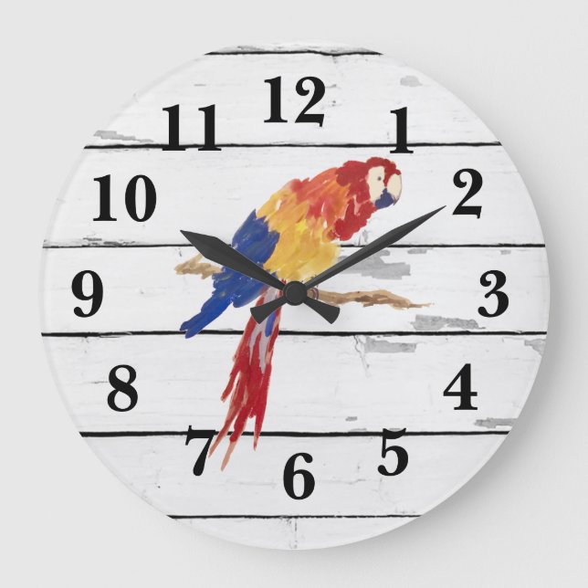 Grande Horloge Ronde Peinture d'oiseaux tropicaux Décor rustique Grand (Recto)