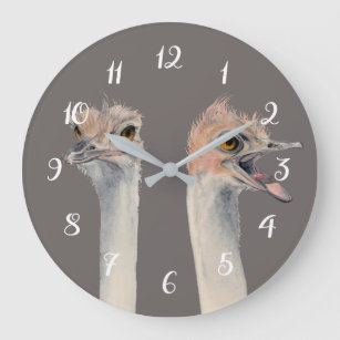Grande Horloge Ronde Peinture drôle d'aquarelle d'oiseau d'autruche