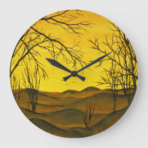 Grande Horloge Ronde Peinture gouache : ciel jaune, marron.