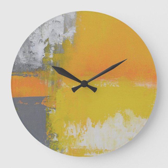 Grande Horloge Ronde peinture gris jaune blanc abstrait (Recto)
