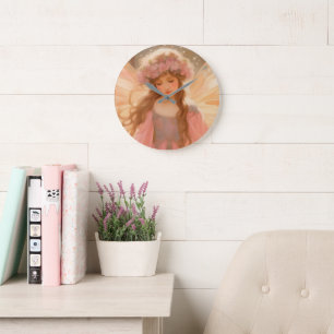 Grande Horloge Ronde Peinture Imaginaire Fée Rose Cute