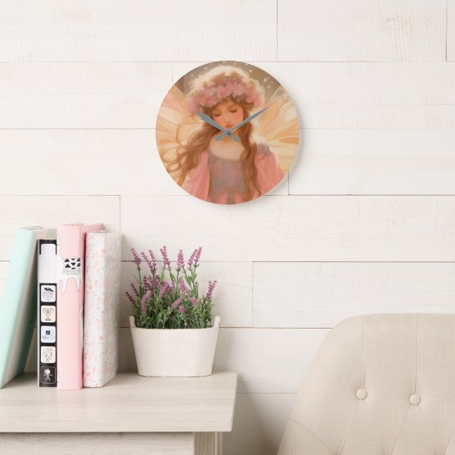 Grande Horloge Ronde Peinture Imaginaire Fée Rose Cute (Salle de lecture)