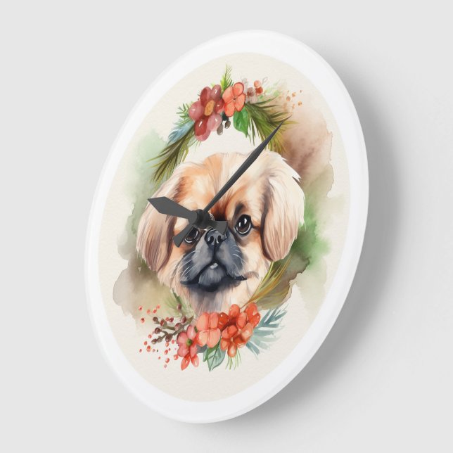 Grande Horloge Ronde Pekingese Christmas Wreath Festive Pup (Angle)