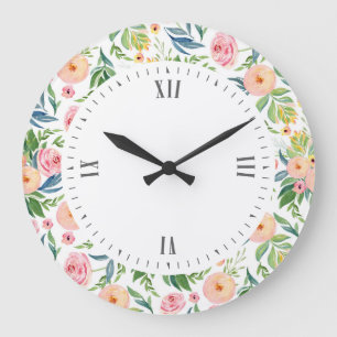 Grande Horloge Ronde Peonies aquarelles illustration motif