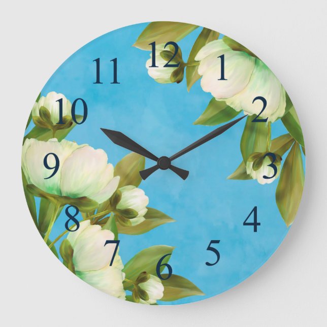 Grande Horloge Ronde Peonies blanches classiques Bouquet floral (Recto)