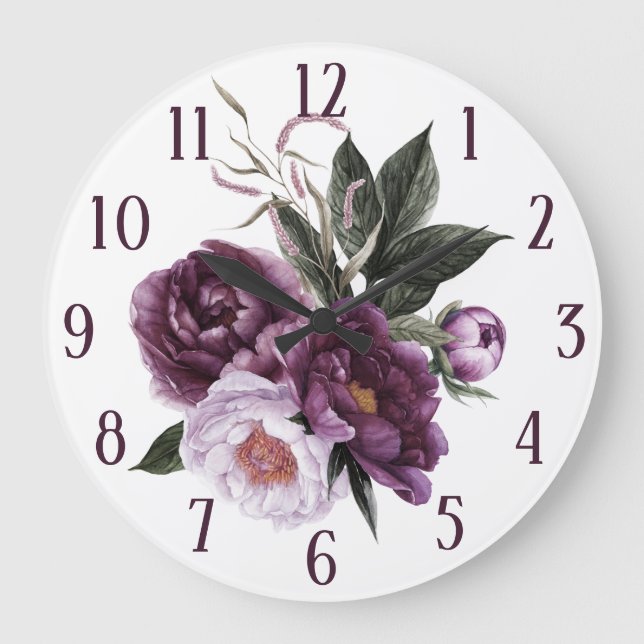 Grande Horloge Ronde Peonies de prune rose pourpre Verdure (Recto)