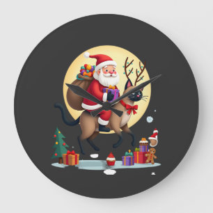 Grande Horloge Ronde Père Noël chevauchant un chat siamois au pied du s