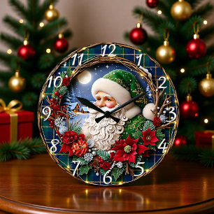 Grande Horloge Ronde Père Noël en Bois Rustique Joyeux