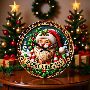 Grande Horloge Ronde Père Noël en bois rustique joyeux