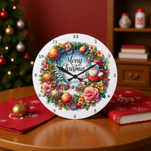 Grande Horloge Ronde Père Noël Entouré d'une couronne florale
